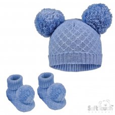 H610-BB: Blue Pom Pom Hat & Bootee Set (0-6m)